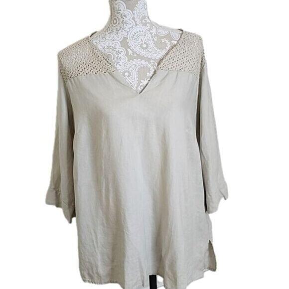 Ellen Tracy Top Tunic Cream Linen & Lace 3/4 sleeve Women's 1X - Picture 1 of 8